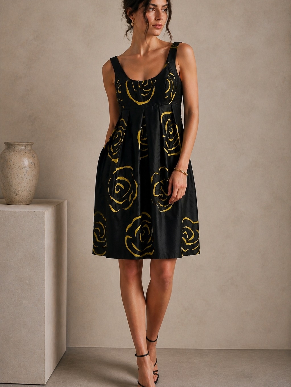INC Silk Empire Waist Dress Sz.6 Black/Chartreuse Garden Party Wedding Summer